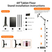 Hanru Tablet Floor Stand, Height Adjustable to 69 in, 360 Rotatable, Arm Stretchable Holder for 4 to 12.9 in Devices, Black