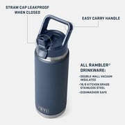 YETI Rambler 26 oz Water Bottle, Vacuum Insulated Stainless Steel, Royal Blue, Color-Matching Straw Cap, 21071507314