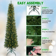Fehomix 6FT Pre-Lit Pencil Artificial Christmas Tree with 150 Warm White LED Lights, 358 Green PVC Tips, Slim 22-Inch Diameter with Metal Stand for Small Spaces