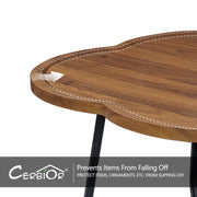 CERBIOR Vintage Modern Small Round Coffee Table, Wood Flower Finish, Wooden Surface Top, Sturdy Metal Legs, Raised Edge Design, 15 in