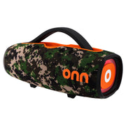 onn Large Rugged Bluetooth Speaker, Waterproof Floating Design, Multicolor LED Lighting, Camo, 12 Hour Playtime
