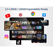 BYYBUO 10.1 Inch Android 15 Tablet Bundle with 12GB RAM, 128GB Storage, Octa-Core Processor, IPS HD Screen, Keyboard Case, Mouse, Stylus, E220