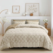 JUSTLET Comforter Set 7 Pieces Bed in a Bag, Reversible Tufted Beige Comforter, Fitted Sheet, Flat Sheet, Pillow Shams, Pillowcases, King