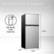 TCL Compact Double Door Refrigerator, 4.7 Cu Ft, Silver, Top Freezer, Reversible Door Hinges, TRM47D5AV