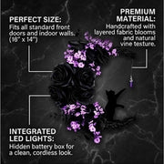 Magical Halloween Moon Cat Crescent Wreath with Light-Up Purple Floral Accents and Gothic Black Rose, Elegant Hanging
