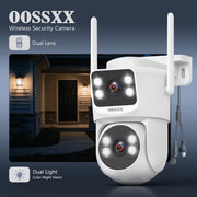 OOSSXX Dual Lens Security Camera Outdoor, 4MP HD, 360 PTZ and Fixed Dual-View, Dual-Band WiFi, IP65 Waterproof, White, 2-Pack