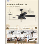Zardon 52 Inch Black Ceiling Fan with Light and Remote, Farmhouse and Quiet 6-Speed Reversible DC Motor