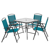 Mainstays Albany Lane 5pc Outdoor Dining Set, Teal Sling Fabric, Black Powder-Coated Steel Frame, Tempered Glass Table with Umbrella Hole, Folding Chairs, MS672807941901