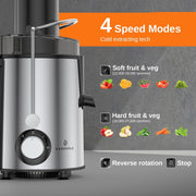 Fylivore Centrifugal Juicer Machine, 800W Motor, Wide 3-Inch Feed Chute, Dual Speed, Stainless Steel Blades, BPA-Free Housing, Silver, FY12