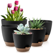 Foukus Set of 5 Self-Watering Plant Pots with Drainage Holes, Eco-Friendly Black Plastic Planters for Indoor and Outdoor Use, Sizes 7in to 5in