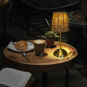 Sterling & Noble Cordless Indoor Table Lamp, Natural Rattan Woven Shade, Brushed Brass Base - Portable