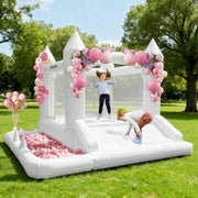 GVDV 9FT Inflatable Bounce House with Slide & 350W Blower White Jumping Castle for Kids 312 Indoor & Outdoor Wedding or Party Fun, White