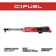 Milwaukee M12 Fuel 3/8 in Extended Reach Cordless Ratchet, 70 ft-lb Torque, 400 RPM, Red, 3059-20