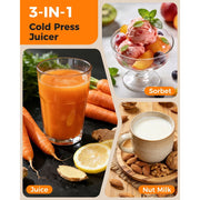 SMALLHOO Masticating Juicer, 6.5 in Extra Wide Chute, 3-in-1 Juice Sorbet Nut Milk Cold Press, 100 fl oz Capacity, Quiet 350W Motor, BPA-Free, SH-980MJ-1