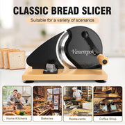 Vanerepok Manual Bread Slicer, Adjustable Thickness Up to 0.9 in, Hand Crank Cutter with Stainless Steel Serrated Blade, Wood Handle, Black