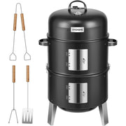 SPECSTAR 3-in-1 Vertical Charcoal Smoker BBQ Grill with Built-in Thermometer, Adjustable Air Vent, 2 Access Doors, Black