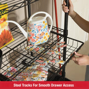 Rubbermaid 85030B 5-Tier Deluxe Heavy Duty Black Wire Shelving Unit with Drawers and Basket, 1520 lb Capacity, 48 in W x 16 in D x 72 in H