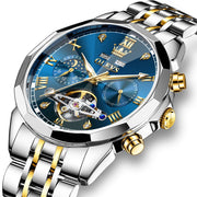 OLEVS Automatic Men's Skeleton Watch, Gold Plated Stainless Steel, Calendar, Moon Phase, Waterproof, Luminous