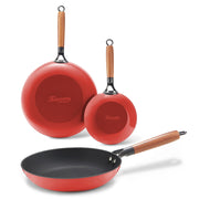 Kitessensu Enameled Cast Iron Skillet Set, Non Stick, Cool Wooden Handles, 8 Inch, 10 Inch, 12 Inch, Burgundy Red
