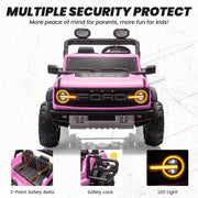 IYofe 24V 2 Seater Ford Bronco Raptor Ride On Car with Remote Control, Bluetooth, Spring Suspension, LED Lights, Pink