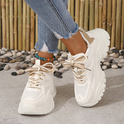 NOKIO Womens Lace-Up Fashion Sneakers, Breathable Mesh and Leather Patch Upper, Thick Rubber Platform Sole, Slip-Resistant Outsole, White, Medium Width