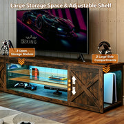 HOMRELEXA Farmhouse TV Stand for TVs Up to 65 in, Brown Burned Wood Finish, Adjustable Glass Shelves, Open Storage Cabinet, RGB LED Lighting