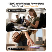 Breezio Magnetic Wireless Power Bank, 12000mAh, Fast Charging 15W Wireless, USB-C 20W PD, USB-A 22.5W QC, Built-in Kickstand, LED Display, Compatible with iPhone 13-17, Light Purple, W16