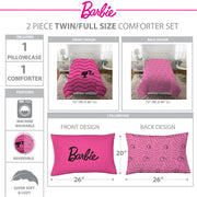 Barbie Kids Comforter Set, Reversible Hot Pink Chevron Print, Includes Pillowcase, Twin/Full Size, NL027J
