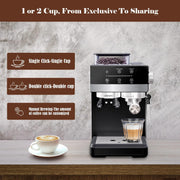 Bluebow Espresso Machine with Grinder 20Bar Semi-Automatic Coffee Maker with Milk Frother Steam Wand