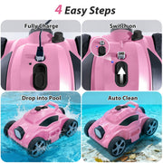 WRAKTOL Cordless Robotic Pool Cleaner, Strong 50W Suction, 110 Min Runtime, Up to 1077 Sq Ft Coverage, Self-Parking, Pink