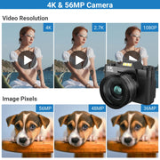 Saneen Compact Digital Camera, 6K Video, 64MP Photos, Wi-Fi Enabled, 3-Inch 180 Flip Screen, 16X Digital Zoom, Detachable 52mm Lens, Black, WX02