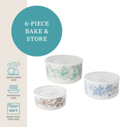 The Pioneer Woman Agatha 6-Piece Round Nesting Bake and Store Set, Stoneware Baking Dishes with Vented Polypropylene Lids, Floral Design, Oven Safe to 400F