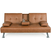 Renwick WDpcwc0002 LuxuryGoods Modern Faux Leather Futon with Cupholders and Pillows, Brown