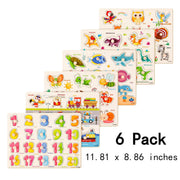 Armscye 6 Pack Wooden Peg Puzzles for Toddlers, Educational Preschool Learning Toys with Animals, Dinosaurs, Ocean, Vehicles, Insects, Numbers, 11.8 x 8.9 Inch
