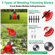 Foukus Cordless Electric Weed Trimmer, 800W Motor, 3-in-1 Multi-Blade System, Adjustable Telescoping Shaft, Wheels, Lightweight Brush Cutter Tool, Red, FK-240704