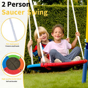 Fashionsport Outfitters Metal Swing Set, 5-in-1 Outdoor Playground with Double Wall Slide, Flying Saucer, Teeter-Totter, Two Person Swings, Trapeze Bar, Yellow