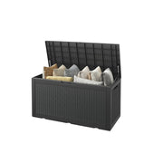 Bifanuo TT026-GR  100 Gallon Lockable Resin Deck Box, Weather-Resistant Outdoor Storage Container, Black Wicker Texture, Supports 330 lb Seating