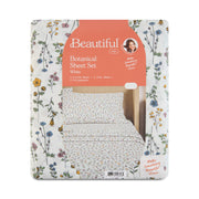 Beautiful Drew Barrymore Botanical 4-Piece Cotton Washed Percale Sheet Set, White, Queen, 200 Thread Count, 14-Inch Deep Pockets