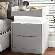 IDEALSOUL Nightstand Set of 2 with Multifunctional Charging Station, LED Lighting with 22 Dynamic Modes, 3 Hidden Drawers, White MDF, Modern Design, CTG001