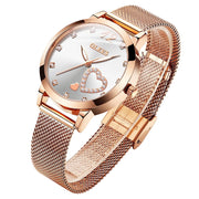 OLEVS 5189 Womens Casual Dress Analog Quartz Watch, Gold Mesh Strap, Double-Heart Dial, Luminous Hands, White