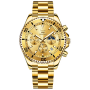 OLEVS 2870 Men's Chronograph Watch, Gold Plated Stainless Steel, Moon Phase, Luminous Hands, Date Display, All gold