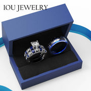 IOU 3pc Couples Wedding Ring Set, Sterling Silver Women's Band with 14 Heart-Cut Blue Moissanite Stones, Titanium Men's Band, Gift Box Included