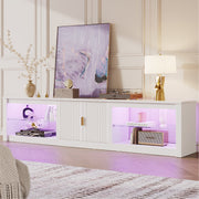 Bestier 80 Inch TV Stand, White High Gloss, RGB LED Lights, Storage Cabinet, Modern Fluted Console