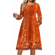 Astlbim Plus Size Fall Dress Women, Long Sleeve Midi Casual Pocket Dress, Breathable Material, Crewneck, A-Line, Loose Fit