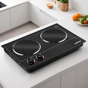CUSIMAX Electric Hot Plate Double Burner, 1800W Infrared, Ceramic Glass Surface, Stainless Steel, Portable Countertop Stove