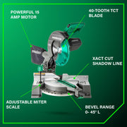 Metabo HPT 10-Inch Single Bevel Compound Miter Saw, 15-Amp Motor, Xact Cut Shadow Line, Adjustable Bevel 0-45, Miter 0-52, 40T TCT Blade, Lightweight 24 lbs, C10FCG2