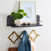 Better Homes & Gardens Wall Shelf, 23 Inch Black Wood with Gold Metal Rail and 3 Hooks