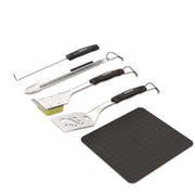 Cuisinart Stainless Steel Grill Tool Set, 5-Piece, Spatula with Serrated Edge and Bottle Opener, Locking Tongs with Silicone Grips, 17-Inch Meat Hook, Steam Cleaner Brush, Silicone Mat