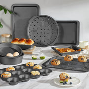 HONGBAKE HB-BS-03-10-GRY 10-Piece Carbon Steel Bakeware Set, Nonstick Diamond Texture, Wide Grips, Stackable, Grey