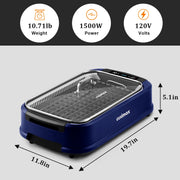 Cusimax Smokeless Electric Indoor Grill, 11.8in, 1500W, Turbo Smoke Extractor, Non-Stick Removable Plate, Tempered Glass Lid, Blue, WS-CMRG-200L